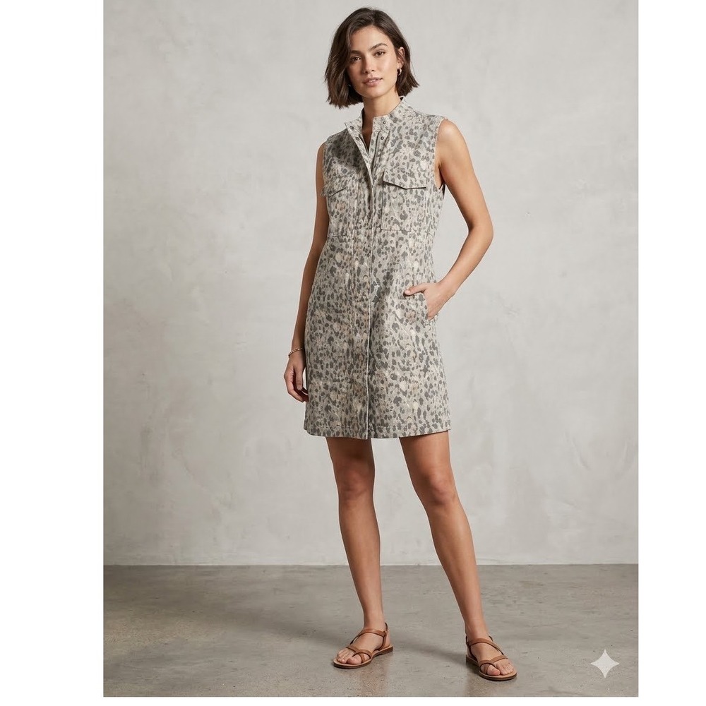 Mystree Leopard Print Cotton Sleeveless Utility Shirt Dress Grey Tan Large